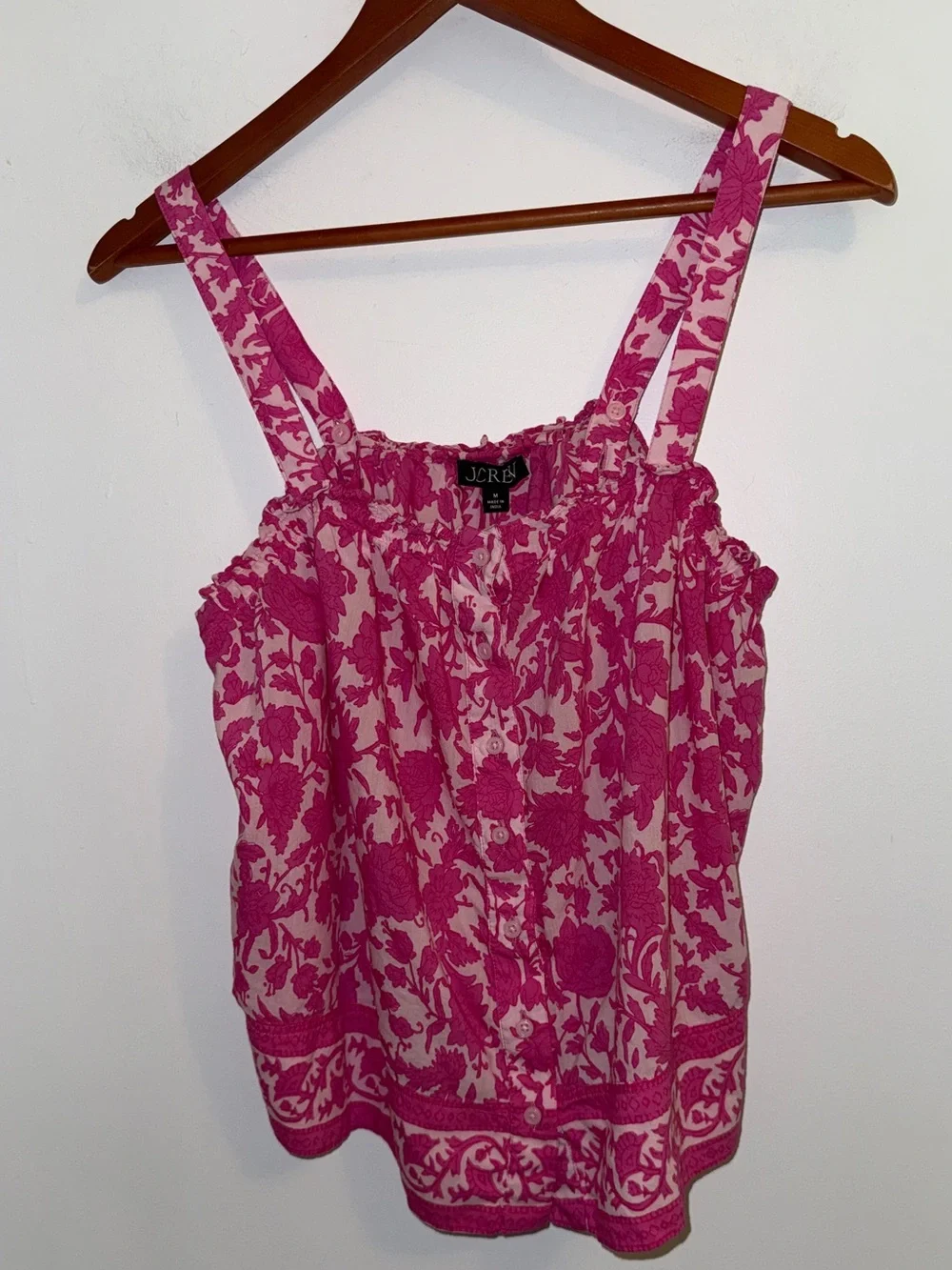 J.Crew Pink Rosebud Floral Smocked Tank Top Medium Button Front Cottagecore Boho